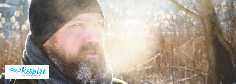 Man outside in the winter and cold air